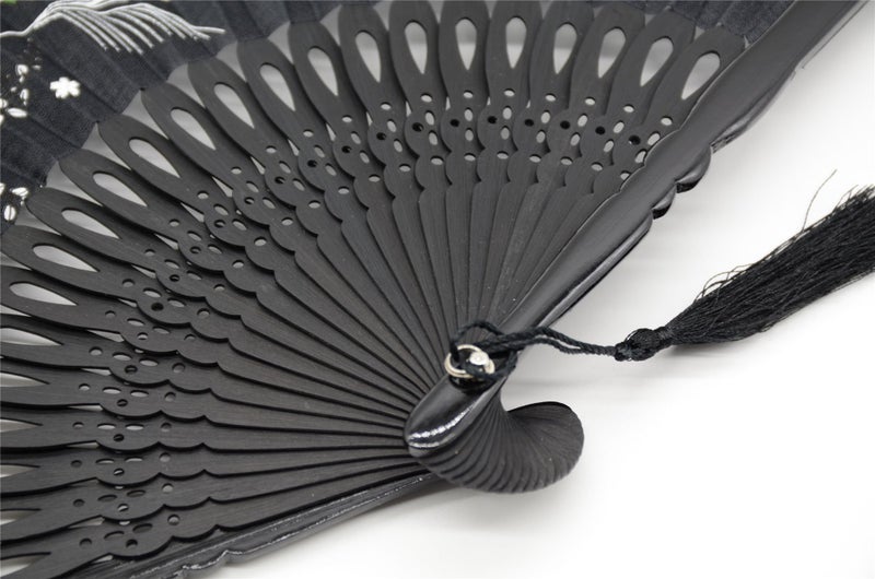 OMyTea Folding Hand Fan for Women - Foldable Japanese Chinese Oriental Vintage Retro Bamboo Silk Fan - for Church, Decoration, Hot Flash, Dance, Performance, Party, Gift (Black Grassflowers) - Image 3